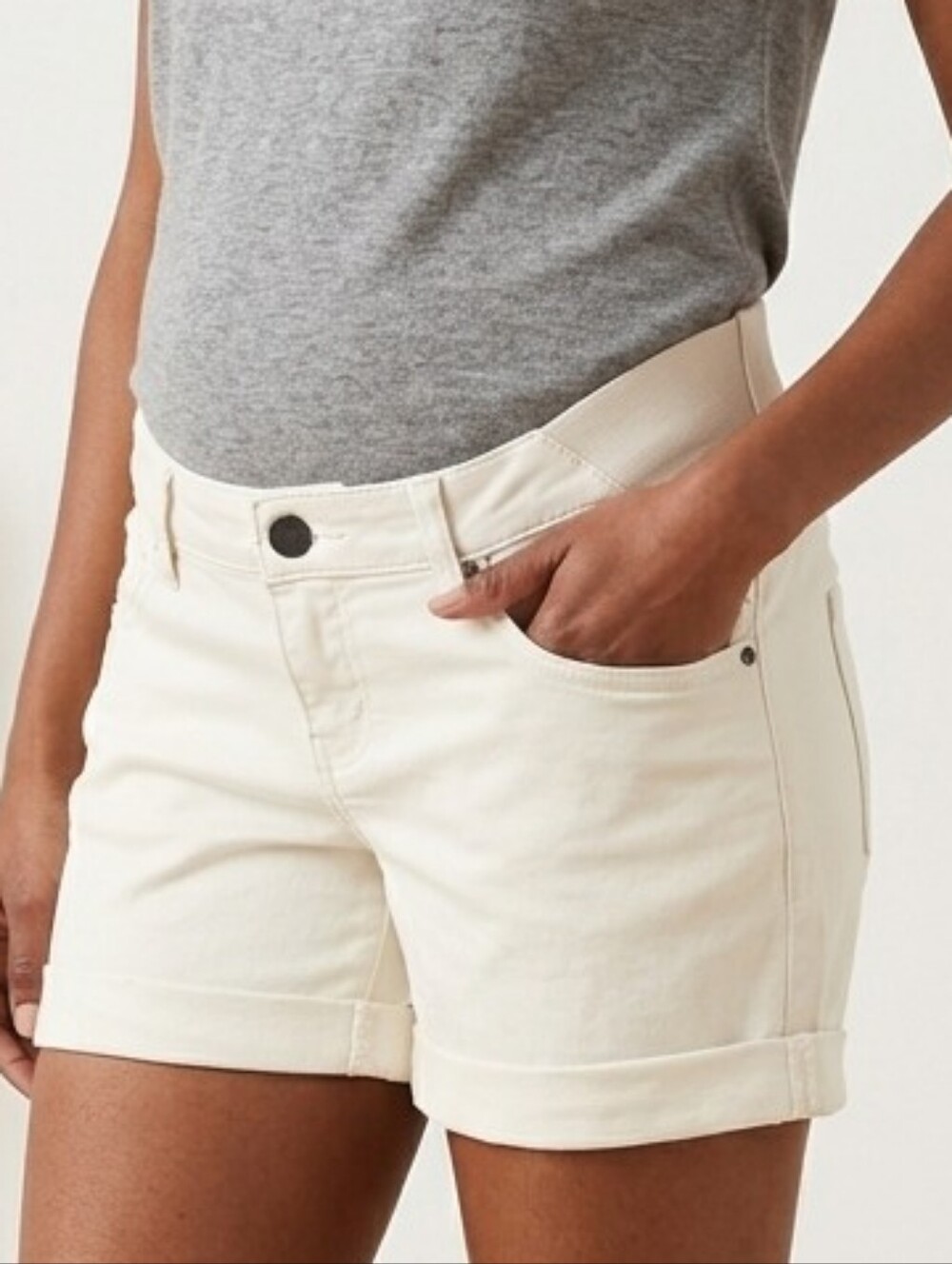 Cream White Denim Shorts Elastic sides, Cuffed Hem Medium Maternity Comfy